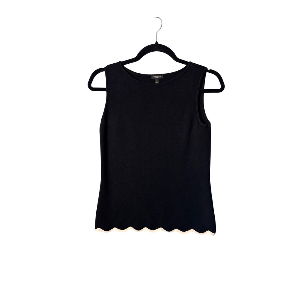 Talbots Womens Petite Knit Tank P Black Scallop Hem Sleeveless Preppy Shell